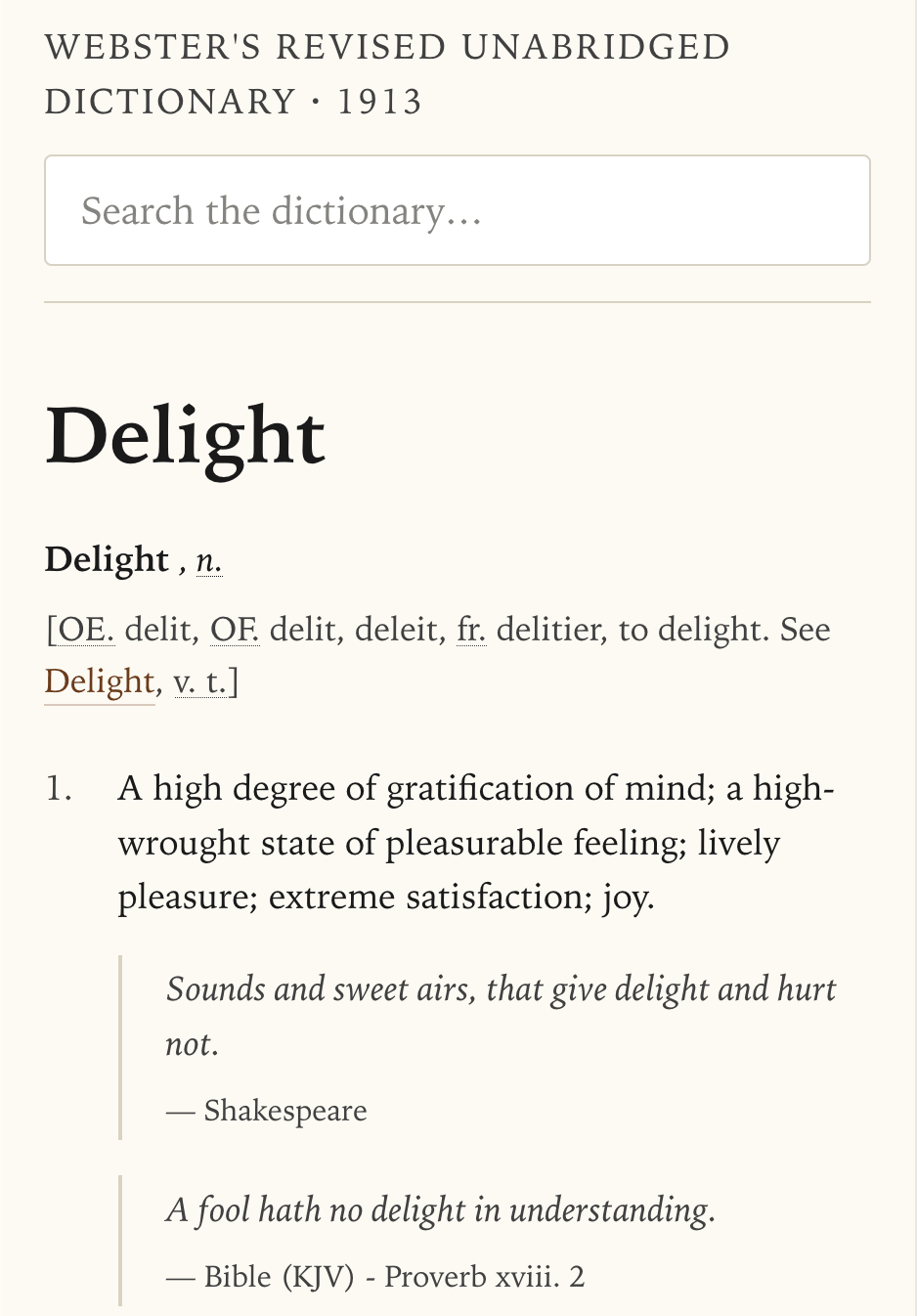 Screenshot of Webster's 1913 Dictionary website